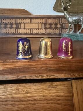 Vintage Japanese Porcelain Ceramic Thimble Cobalt Blue & Gold Set Of 3